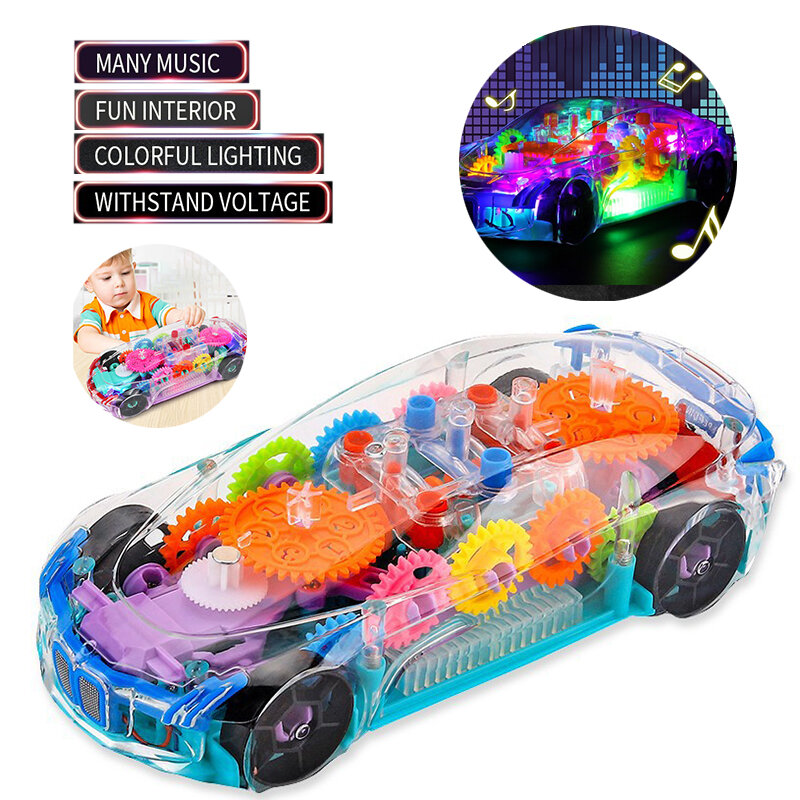 Electric Universal Transparent Gear Concept Car Toys 360 Rotation LED Light Music Children's Educational Toy Car for Kids Gifts