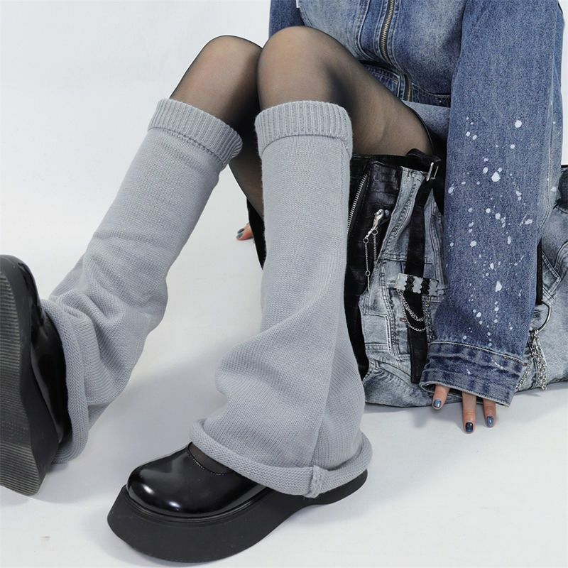 Calentadores de piernas blancos para niñas, medias cálidas hasta la rodilla, calcetines largos sueltos japoneses Y2K de punto, tubo medio, Lolita Jk