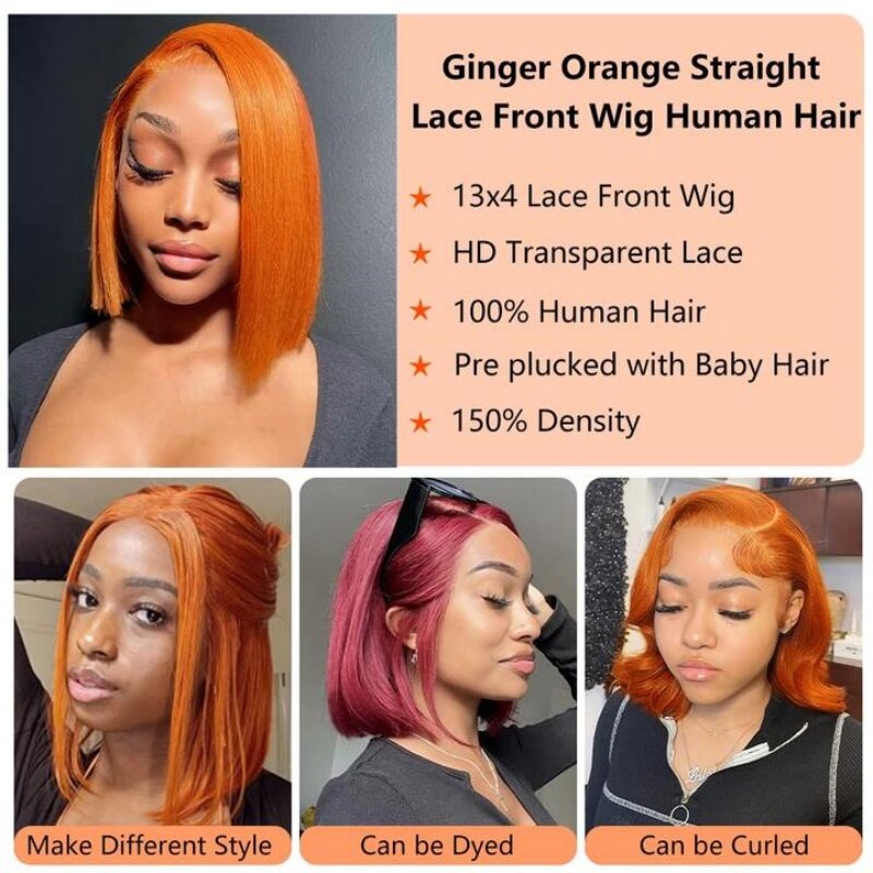 Pelucas de cabello humano con encaje Frontal, pelo corto Bob de color naranja jengibre, corte Romo, hueso, Remy brasileño, 13x4 HD, prearrancado