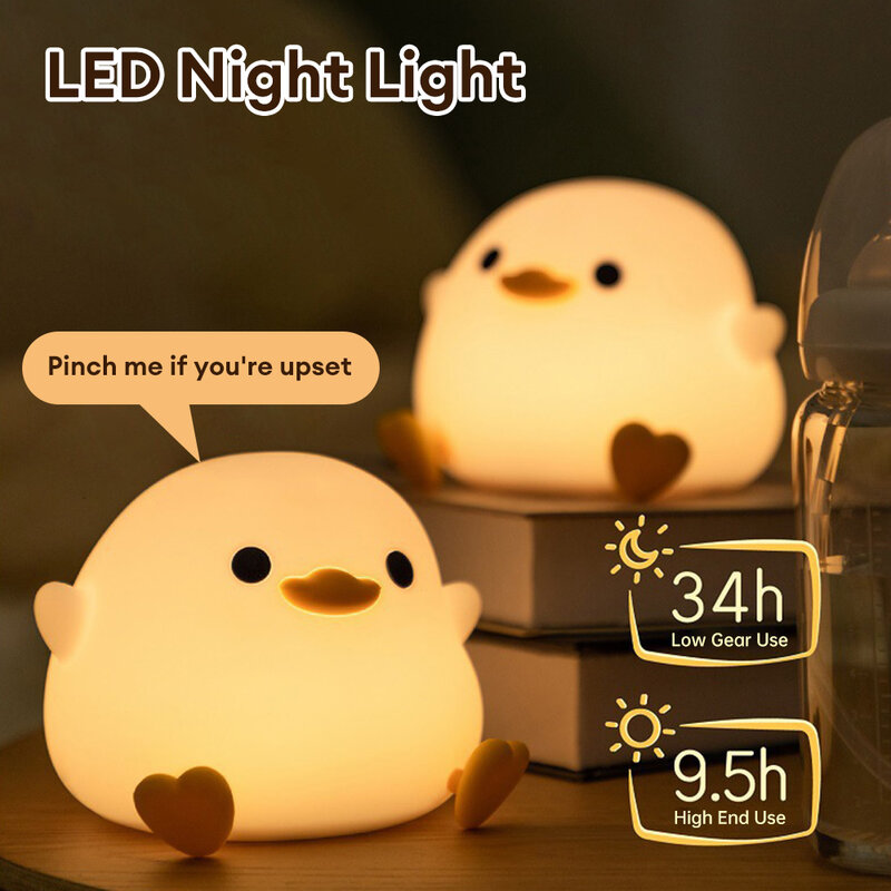 Duck Silicone Night Light for Children with Timer Usb Rechargeable Dimming Touch Lamp Sleeping Bedroom Cartoon Animal Decor Gift