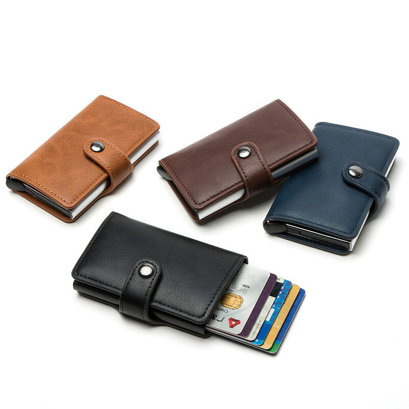 Винтажный Мужской держатель для кредитных карт с RFID-блокировкой, чехол для карт из алюминиевого сплава, автоматический мужской металлический кожаный кошелек