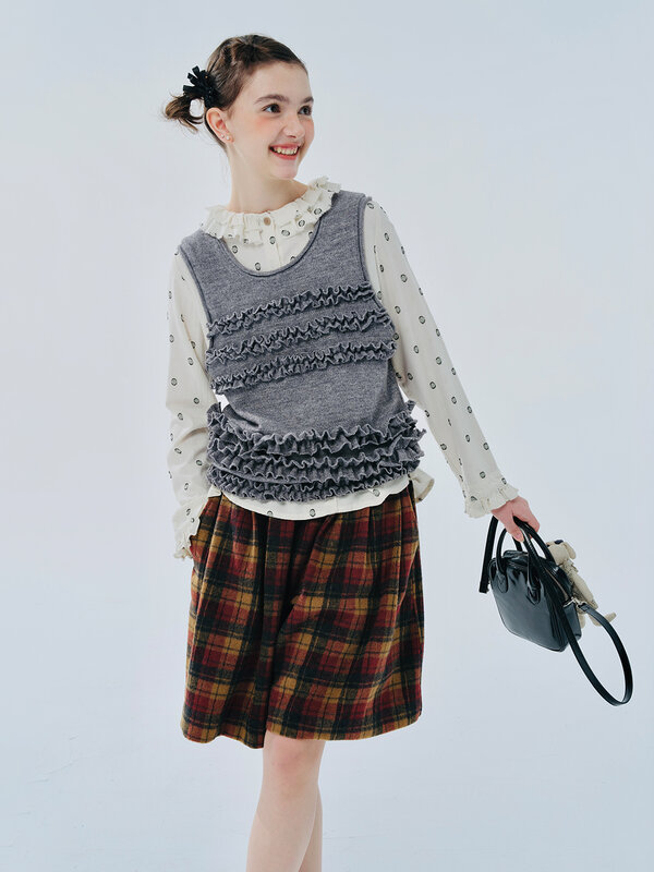 imakokoni 2024 autumn and winter new original gray wool plaid women's culottes 244439