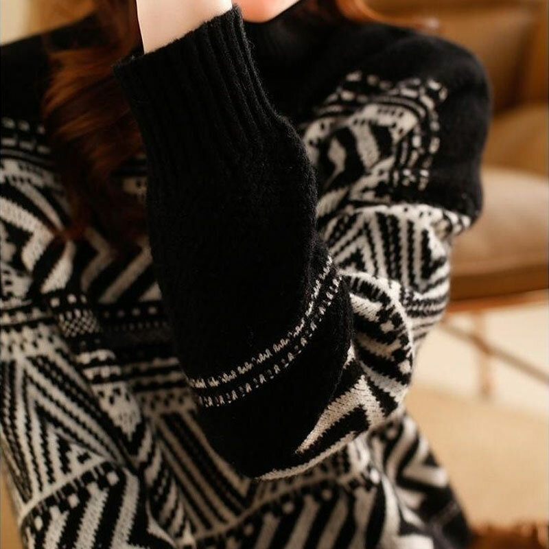 Женский вязаный свитер с длинным рукавом, повседневный свободный свитер с воротником-хомутом и винтажным фольклорным принтом, Осень-зима