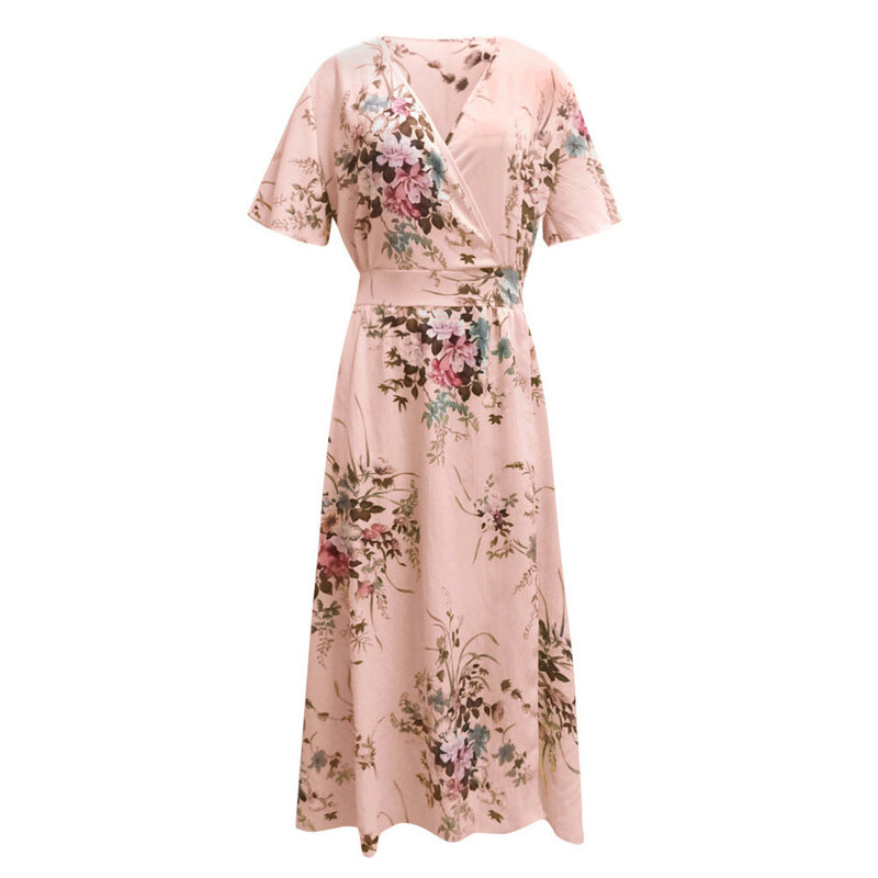 Plus Size Damen kleid elegante Mode Blumen bedruckte Split Kleider V-Ausschnitt hoch taillierte lose Kleid lässig Kurzarm Kleid