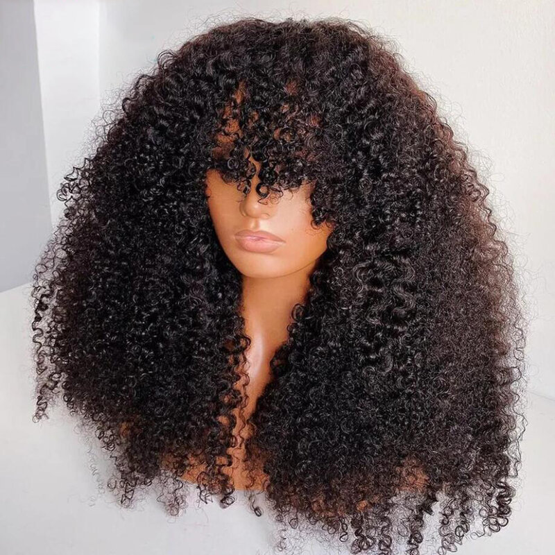 Soft 26inch 180Density Long Natural Black Kinky Curly Machine Wig With Bangs For Women With Baby Hair Preplucked Daily Glueless