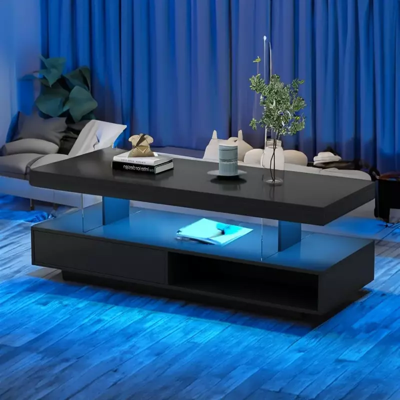 Stolik kawowy ze schowkiem, stoliki kawowe LED, stolik kawowy o wysokim połysku z oświetleniem LED, nowoczesny stół centralny