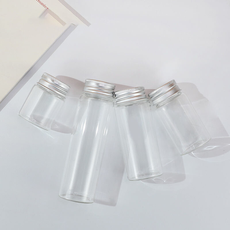 5/6/8/10/14/20/25ml szklane butelki z aluminiowymi pokrywkami małe szklane słoiki przezroczyste medycyna proszek Test butelka z rurką Diy Craft
