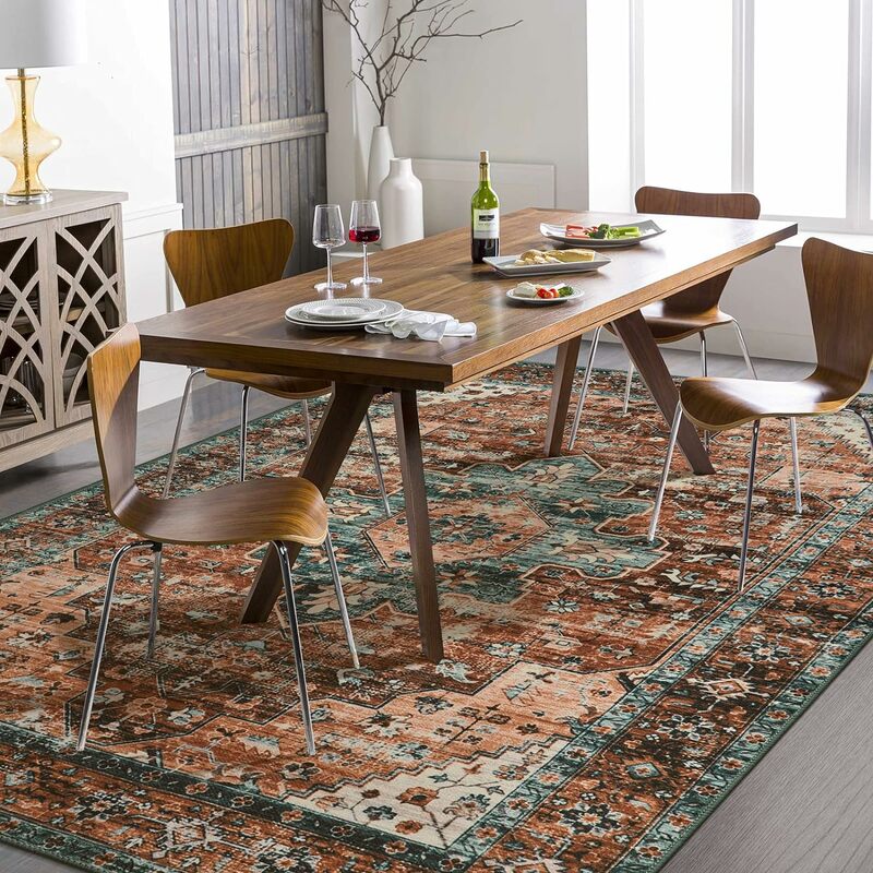 8x10 ultra-thin vintage carpet - Oriental print, for bedroom, living room, entrance - brick red/dark turquoise