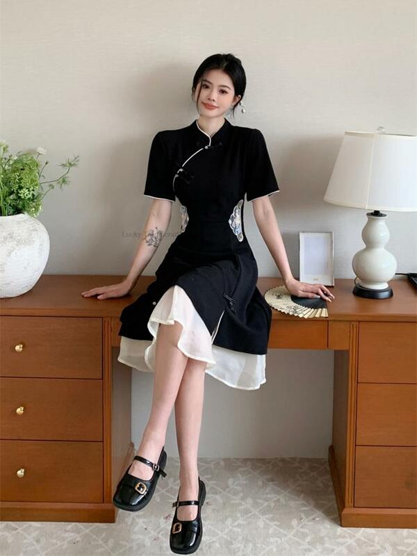 Vestido de manga corta Cheongsam para mujer, ropa informal de línea A, estilo de moda, Hanfu mejorado chino, 2023