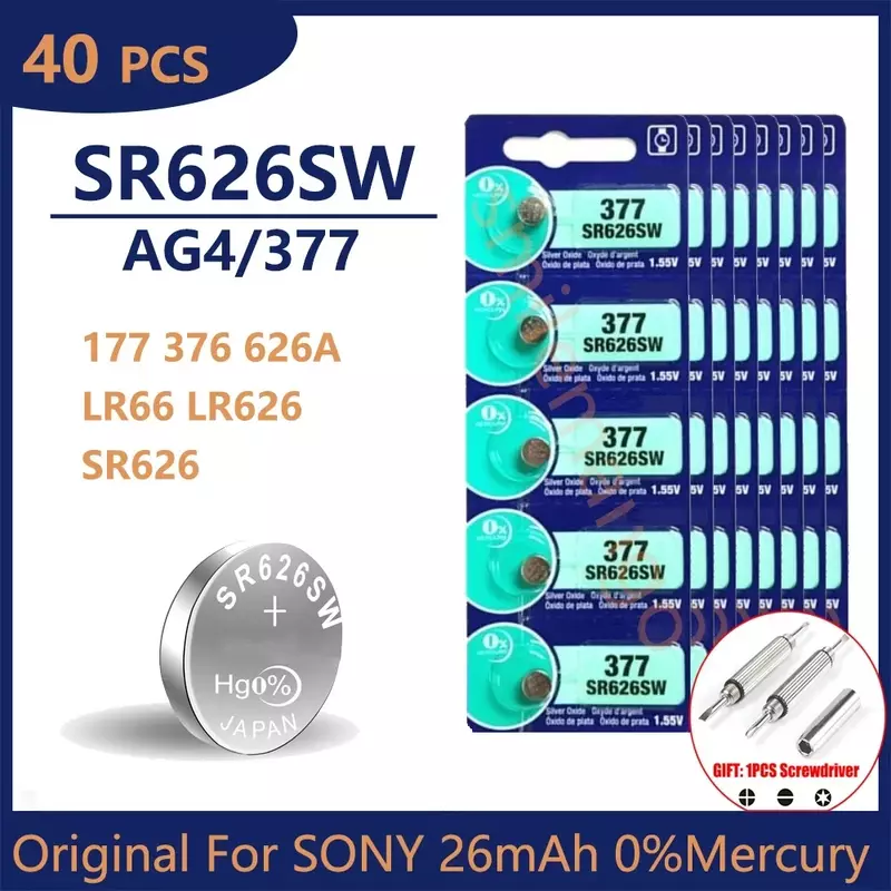 Batería alcalina de botón para reloj, pila de 40 piezas, Original, para SONY AG4 377, SR626SW, SR626, 177, 376, 626A, LR66