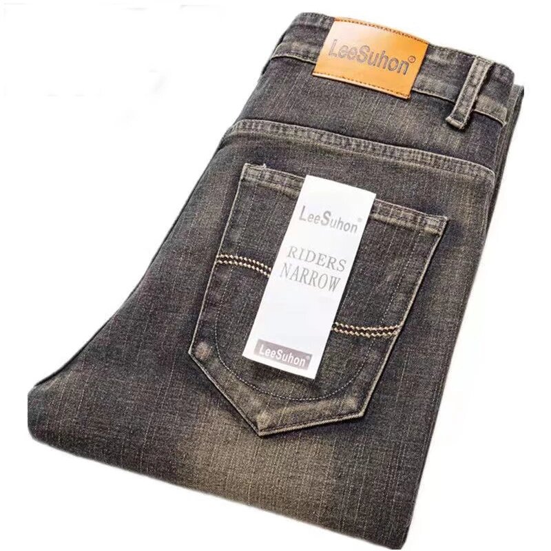 Celana panjang Denim regang untuk pria, celana panjang Denim bisnis kasual gaya klasik, celana Jeans warna hitam abu-abu biru 2023 untuk pria