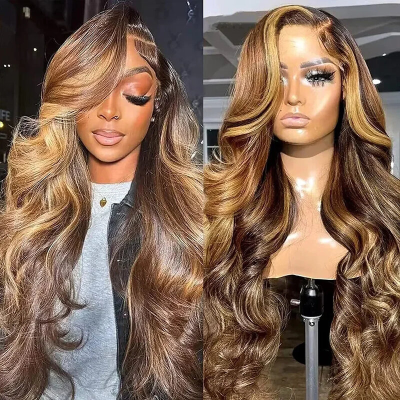 Highlight Body Wave 4/27 Ombre 13x6 Lace Frontal Human Hair Wig Free Bang Brazilian Remy 40 inch 13x4 Lace Front For Women
