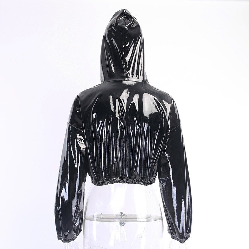 2023 New Fall/winter New Style Sweater Women Short Cropped PU Leather Shiny Shiny Hoodie Fashion Jacket Slim Fit Ladies Smooth