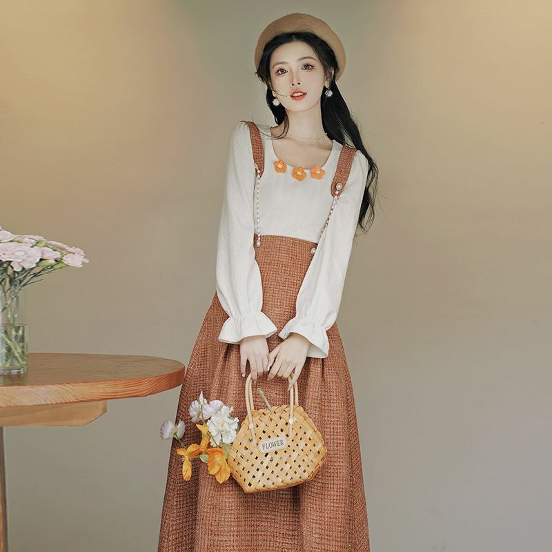 Корейский ретро комплект из двух предметов, женский осенне-зимний костюм, трикотажный топ + модное платье на бретелях с цепочкой и бисером, комплекты для женщин в стиле ретро
