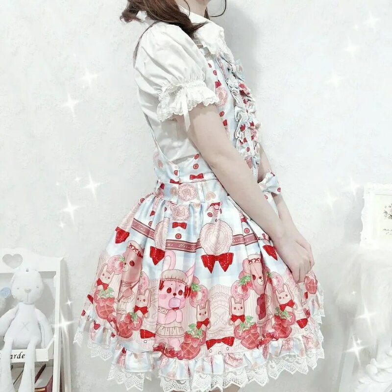 Vestido de renda japonês Lolita JSK feminino, vestidos doces, plissado, fungo, suspensão, festa, garotas macias, mulheres