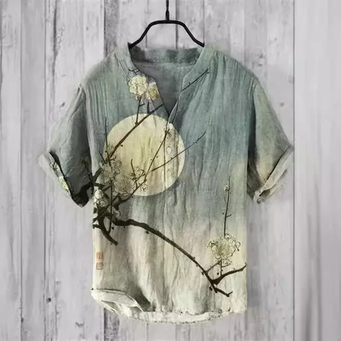 Новинка 2024, рубашка с коротким рукавом, повседневный Свободный пуловер из бамбука и льна с 3D принтом, рубашка на пуговицах