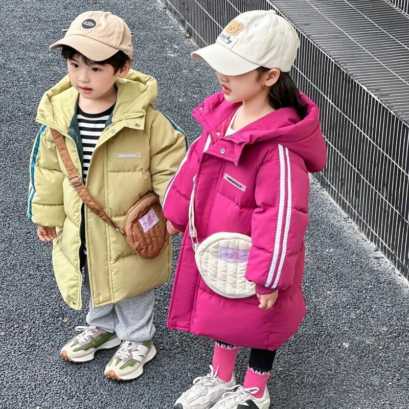 Mantel bulu angsa panjang anak laki-laki dan perempuan, mantel katun bertudung hangat versi Korea tebal musim dingin untuk anak-anak