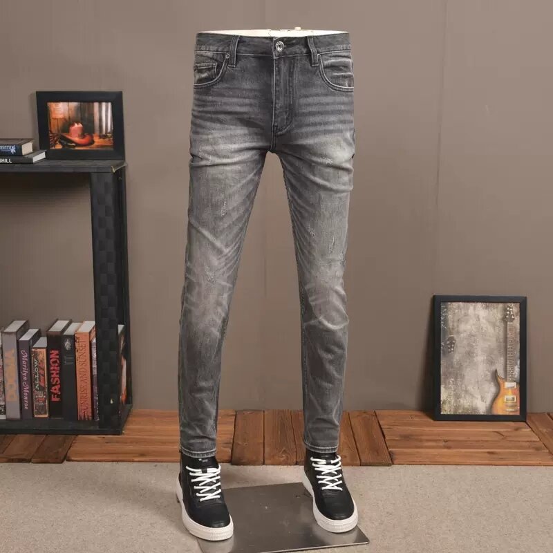 Estilo italiano moda masculina jeans de alta qualidade retro cinza elástico fino ajuste rasgado calças jeans do desenhador do vintage calças jeans hombre