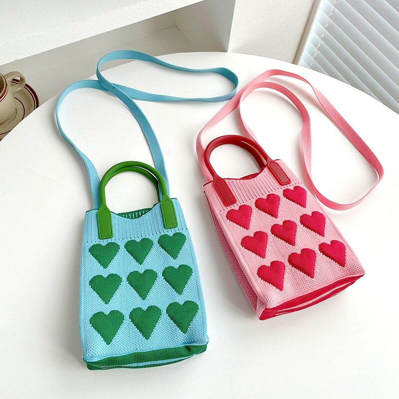 Koreaanse Mode Hart Gebreide Mini Vierkante Handtas Voor Vrouwen Kleine Mobiele Telefoon Schoudertassen Meisjes Schattige Outdoor Crossbody Tassen