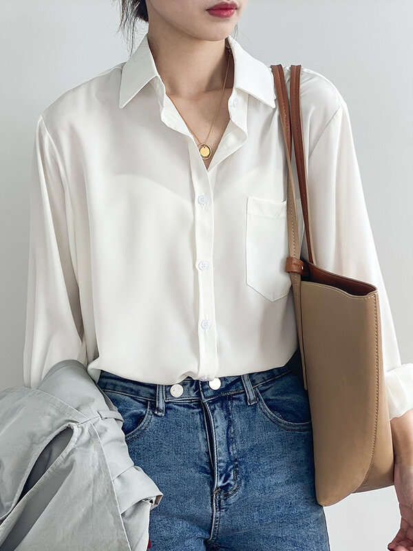 SEDUTMO-Blusa de gasa de manga larga para mujer, camisa informal de gran tamaño, elegante, blanca, básica, para Primavera, ED2015