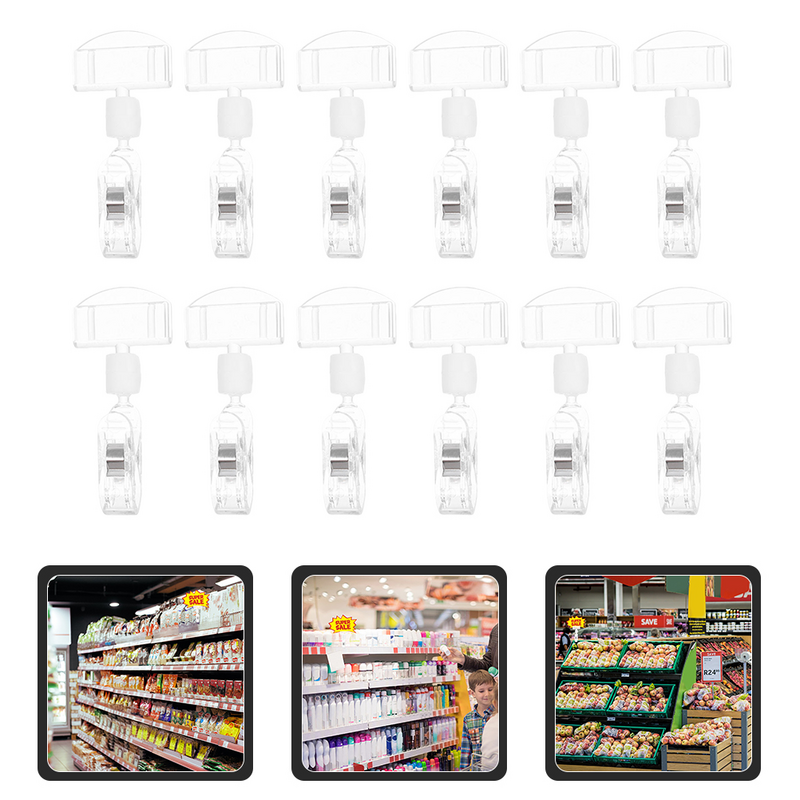 12pcs Price Tag Holder Transparent Merchandise Display Clips Name Tag Clips Swivel Price Clips for Supermarkets Supply Store
