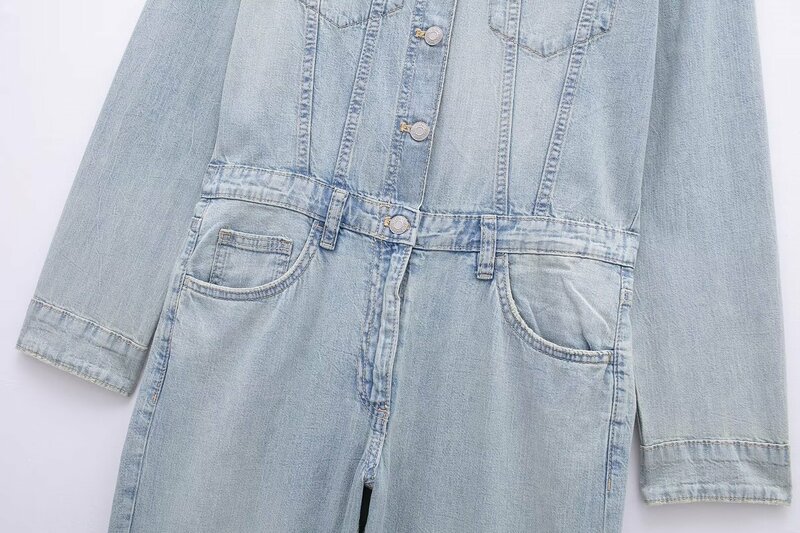 Macacão casual jeans reto feminino, macacão retrô de botão, manga comprida, decoração de bolso flip, nova moda