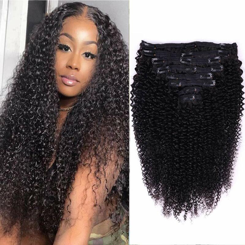 Kinky Curly Clip in Hair Extensions Human Hair for 120g/Set Natural Color Black Women Double Weft Brazilian 8 Pieces Human Hair