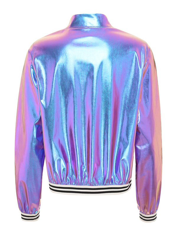 Chaqueta Bomber holográfica metálica brillante para mujer, abrigo de manga larga con cremallera y cuello de béisbol, ropa de exterior para concierto, Rave, fiesta y discoteca