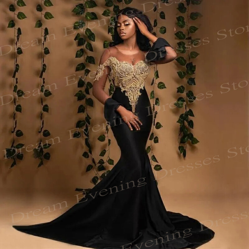 Sexy Black Mermaid Charming Evening Dresses Simple Classic O-Neck Long Sleeve Prom Gowns Lace Appliques Stain Vestidos De Fiesta