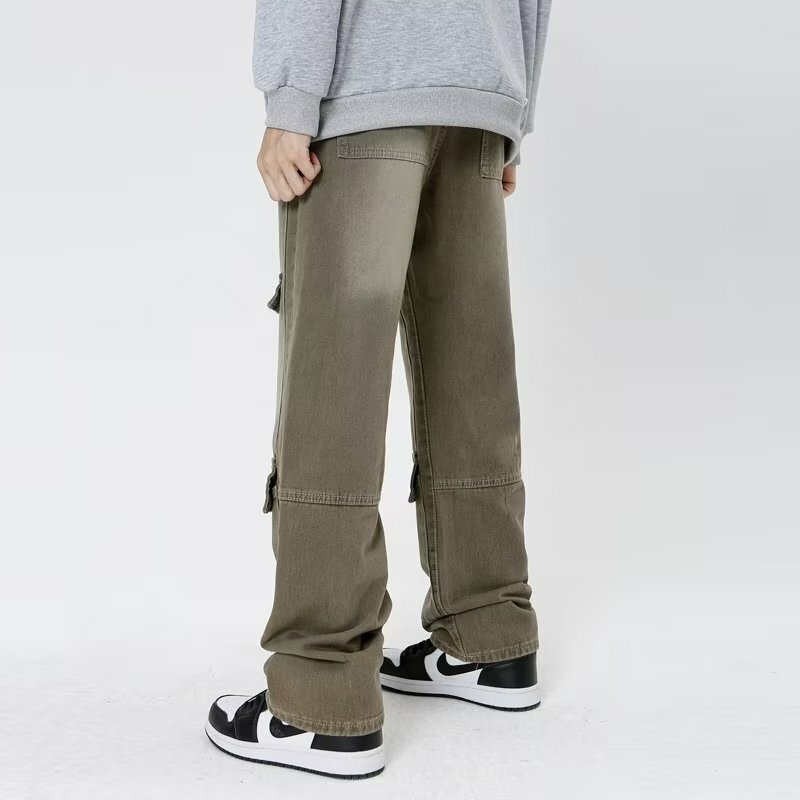 Vintage high street Distressed Multi-Pocket Washed trend pantaloni larghi a gamba dritta streetwear Jeans Hip Hop per uomo o donna 5045