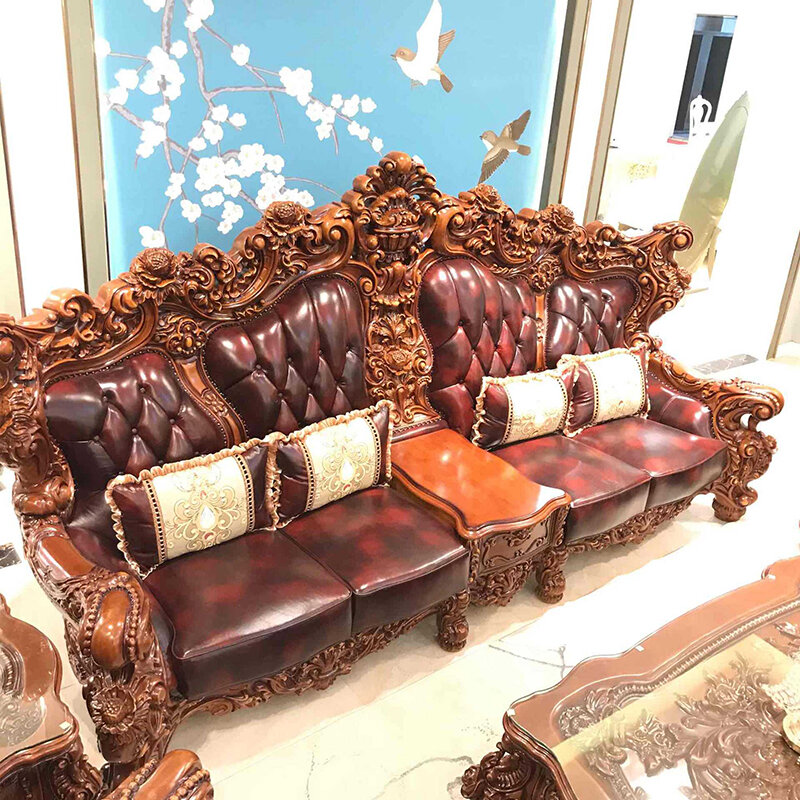 Sofá grande de madeira maciça esculpida, Mobília de lounge de luxo, Villa Living Room, Leisure Home, Estilo europeu, Couro