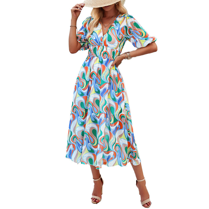 V-Neck Long Dress Microelasticity Printed Short Sleeve Elegant For Daily Long Dress Tighten The Waist To Ankle