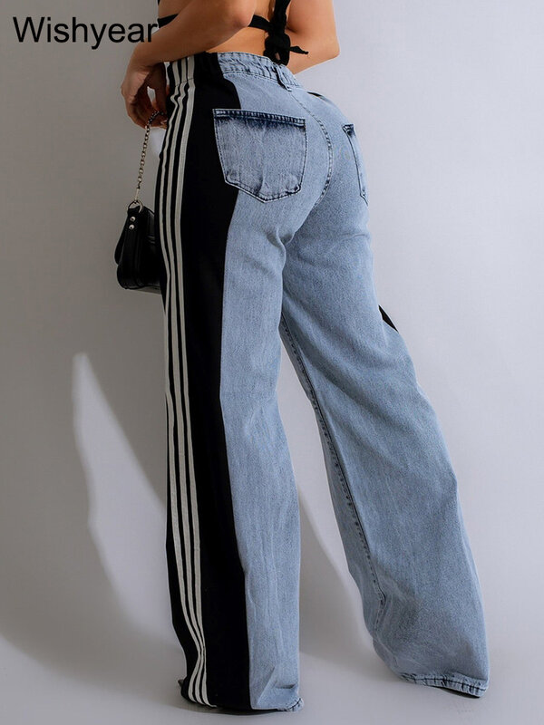 Vintage Streetwear Baggy Jeans Woman High Waist Stripe Splicing Straight Loose Wide Leg Denim Trousers Boyfriend Cargo Pants y2k