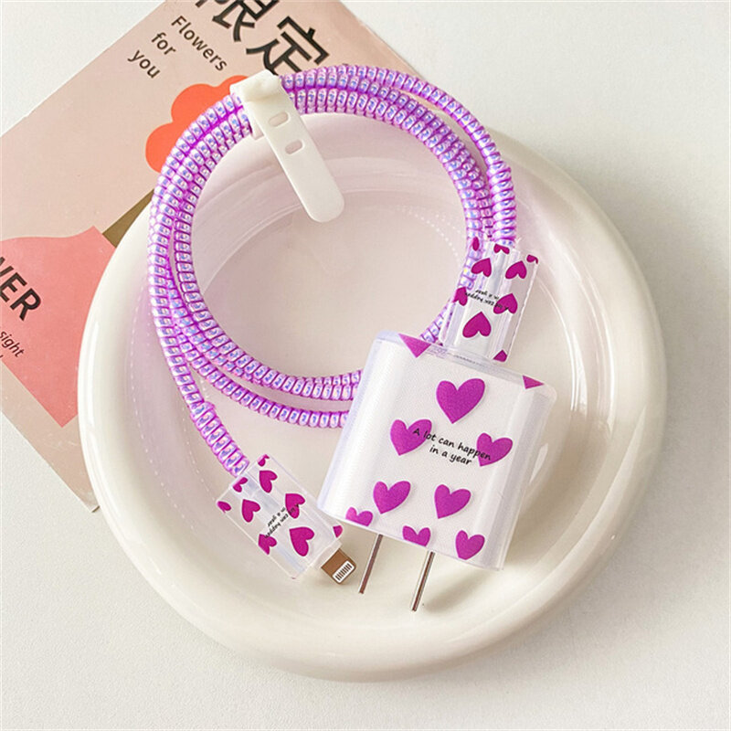 Colorful Heart Case For Apple 18W/20W US Fast Charger Head Cover For iPhone 14/13/12 Data Cable Type C Cable Protection Sleeve