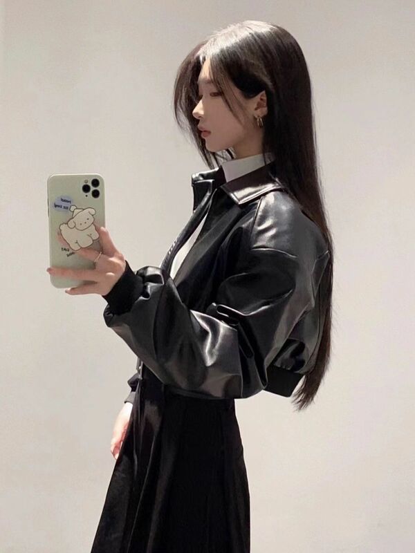 Giacca in pelle da moto nera donna American High Street PU Zipper cappotti corti Harajuku Retro Female Bomber Outwear primavera nuovo