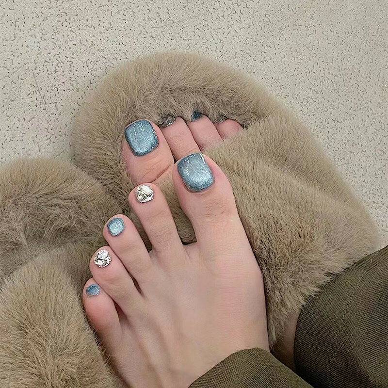여성용 블루 고양이 눈 발톱 인스, 스퀘어 가짜 발가락, 착용 가능한 풀 커버, 반짝이는 가짜 발가락 손톱, 24 개