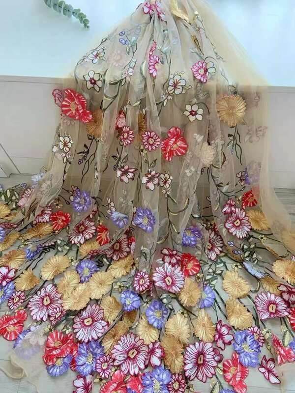 Tela de encaje de flores 3D africanas bordadas, malla francesa de alta calidad, encaje de tul Nigeriano para vestido de fiesta, 2024