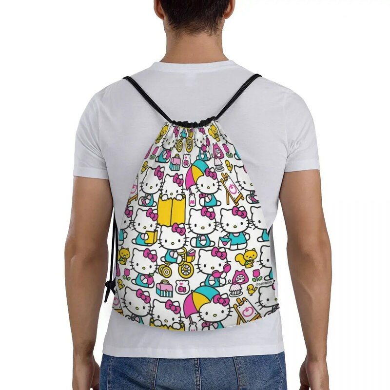 Mochila personalizada de Hello Kitty para hombre y mujer, bolsa deportiva con cordón de dibujos animados para gimnasio y entrenamiento