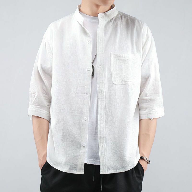 Elegante moda Harajuku Slim Fit Ropa Hombre sciolto Casual tutto abbinato camicia colletto alla coreana tasche con bottoni solidi manica corta Blusa