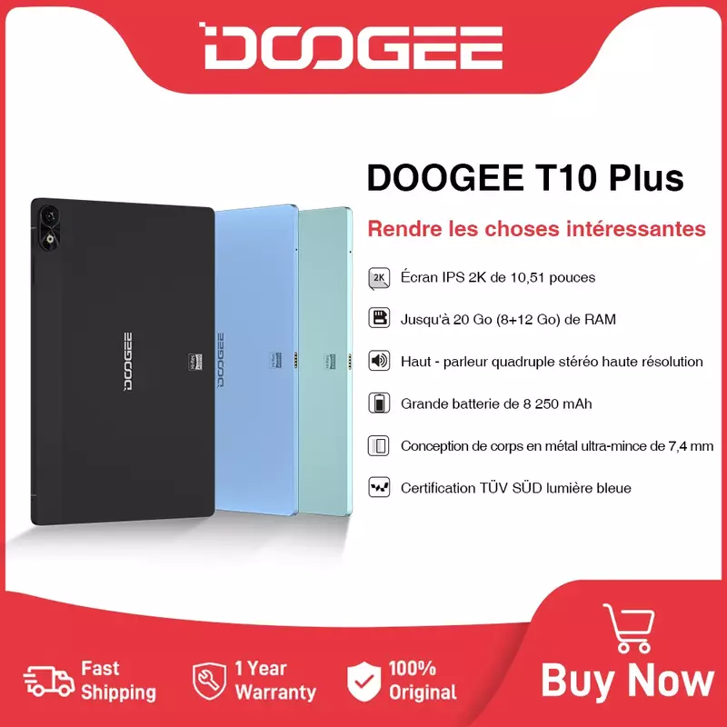 Doogee T10 PLUS แท็บเล็ต10.51 "2K TÜV süd DISPLAY 8GB + 256GB 8250mAh 7.4mm ตัวเครื่องโลหะลำโพงสเตอริโอสี่ตัวเครื่องความละเอียดสูง