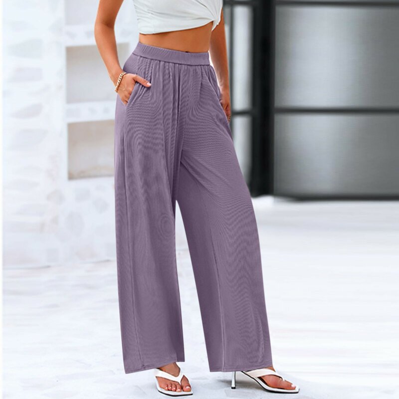 Брюки женские в рубчик с широкими штанинами, уличные модные тонкие повседневные штаны в стиле Харадзюку с высокой эластичной талией, лето 2024
