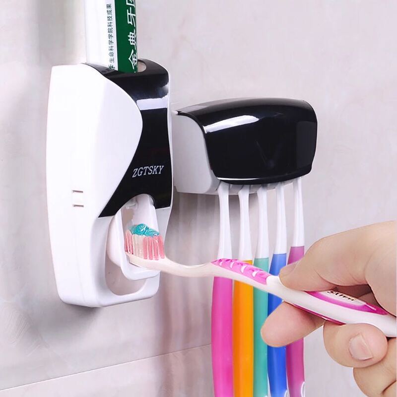 Dispensador de pasta de dientes automático, estante de almacenamiento de pasta de dientes perforada con agujeros, colgadores de pared, accesorios de baño