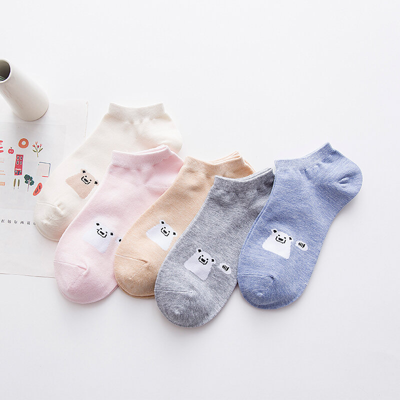 Calcetines tobilleros con dibujos de osos polares para mujer, medias tobilleras informales, cómodas, de Color caramelo, 5 pares