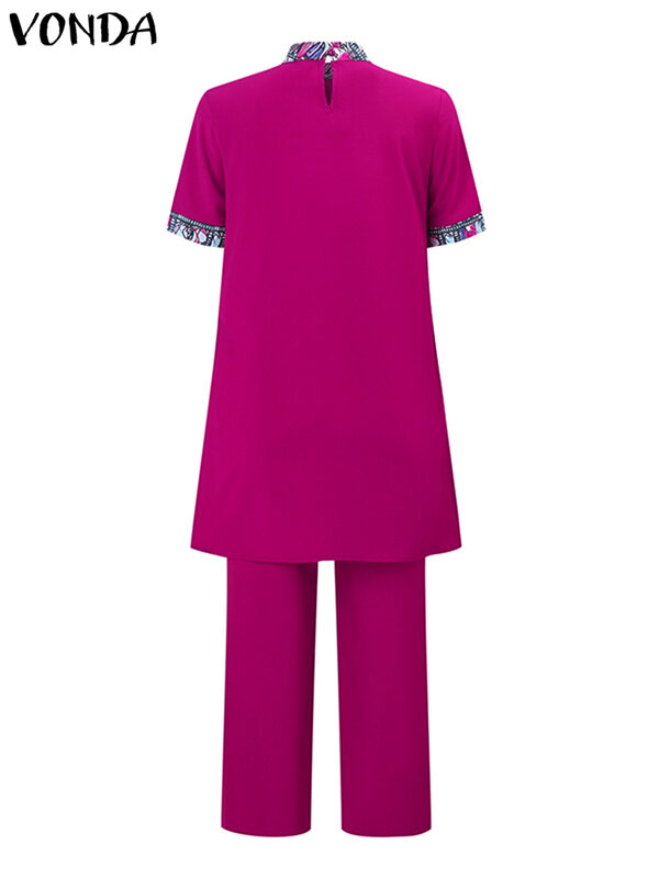 Женский богемный костюм размера плюс VONDA, лето 2024, винтажный комплект брюк с принтом, топ с воротником-стойкой и коротким рукавом, длинные брюки, повседневные комплекты