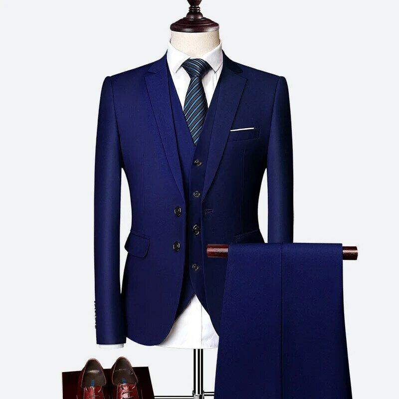 Luxe 3 Stuk Mannen Trouwpak Fashion Mannen Slim Effen Kleur Business Office Suit Sets Grote Maat Mannen blazer + Broek + Vest