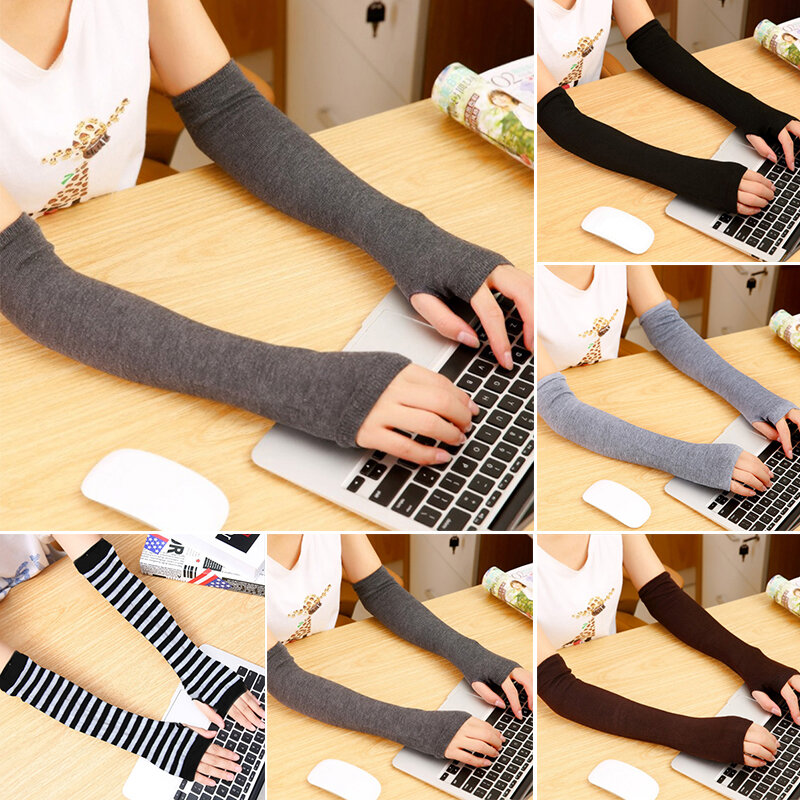 1 Pair Women Fashion Winter Long Gloves Classic Adult Black Grey Elbow Fingerless Warmer Mittens Solid Color