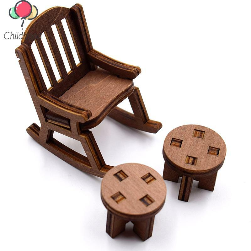 1:12 Mini Wooden Table Chair Dollhouse DIY Decoration Rocking Chair Dolls House Furniture Accessories For Kids Pretend Play Toy