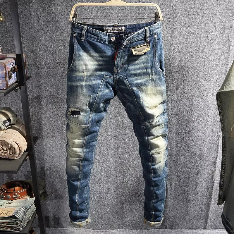 Jeans da uomo firmati di moda retrò blu Slim Fit Jeans strappati elasticizzati pantaloni da uomo con foro pantaloni da motociclista in Denim Patched Hip Hop Hombre