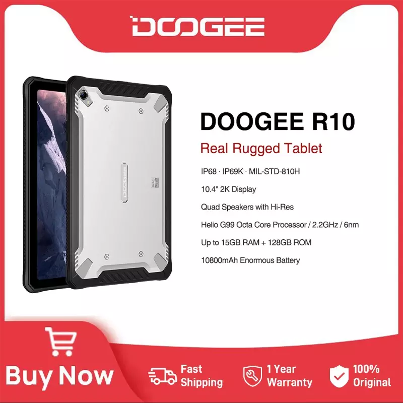 DOOGEE R10 Tablet tahan banting, prosesor Octa Core Helio G99 layar 10.4 "2K, RAM 15GB + ROM 128GB baterai 10800mAh