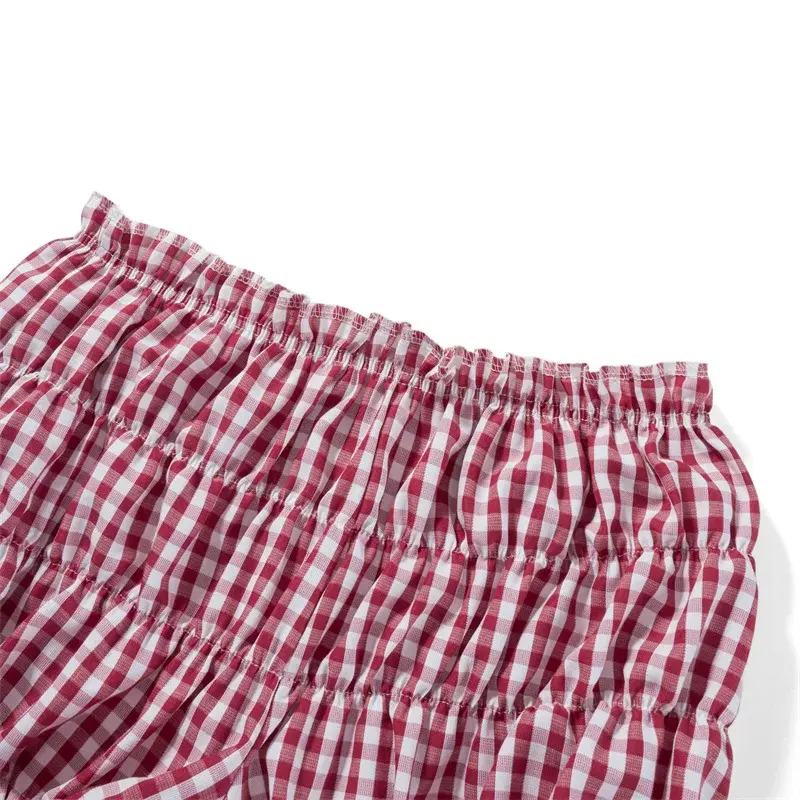 Red and White Plaid Shorts Clothes Women Elastic Waist Ruffles Cake Shorts Bottoming Sweet Girl Lolita Pettipants